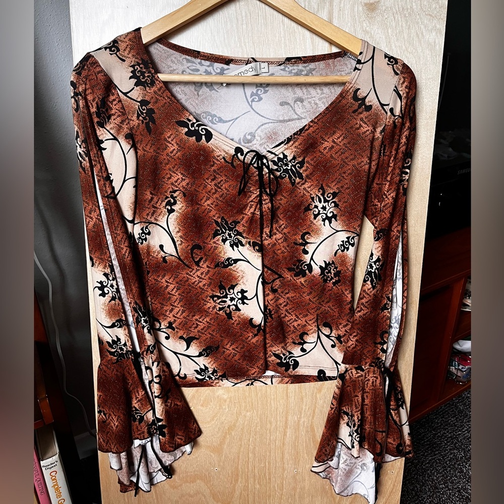 Y2K Fairycore Mesh Bell Sleeve Tie-Front Top | Brown Boho Crop Remedy